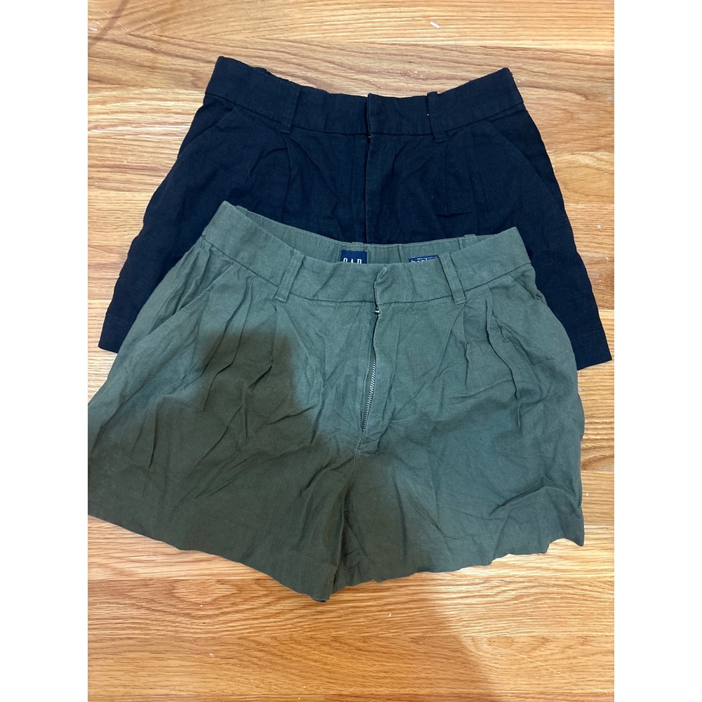 Gap 365 High Rise Linen Blend Shorts Bundle XS Petite Black Olive Green‎ Pleated